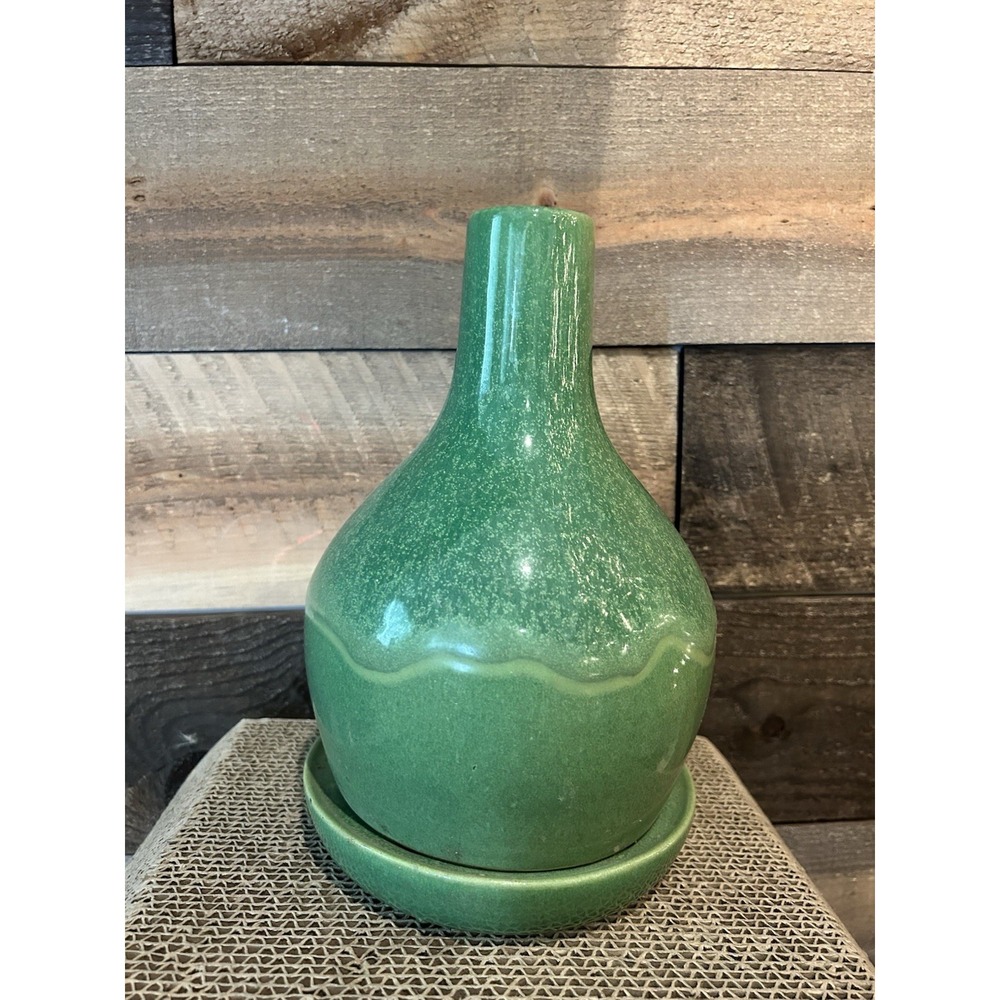 Ceramic Vase Pot Attached Drip Plate Green Glaze Vintage Terra Beautiful